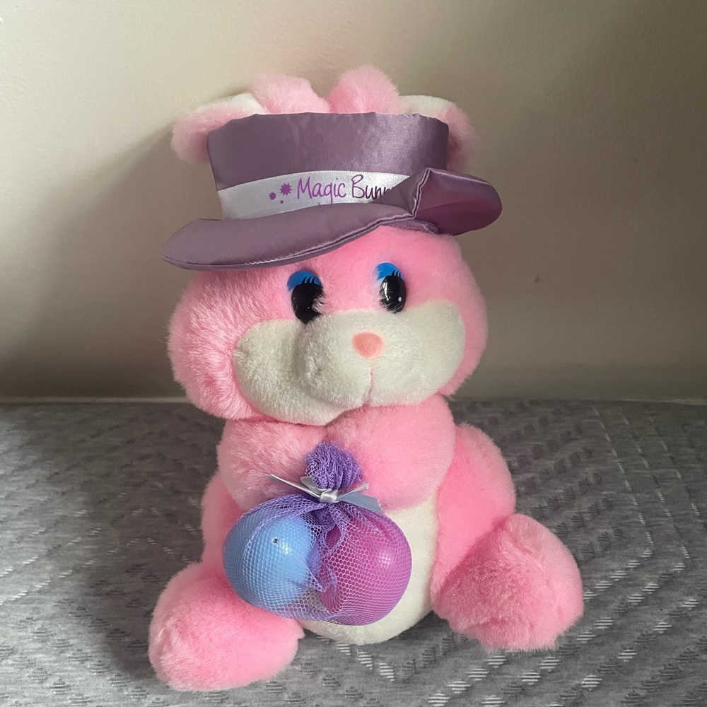 vintage pink Dan-Dee Easter Bunny rabbit plush with a "Magic P" hat